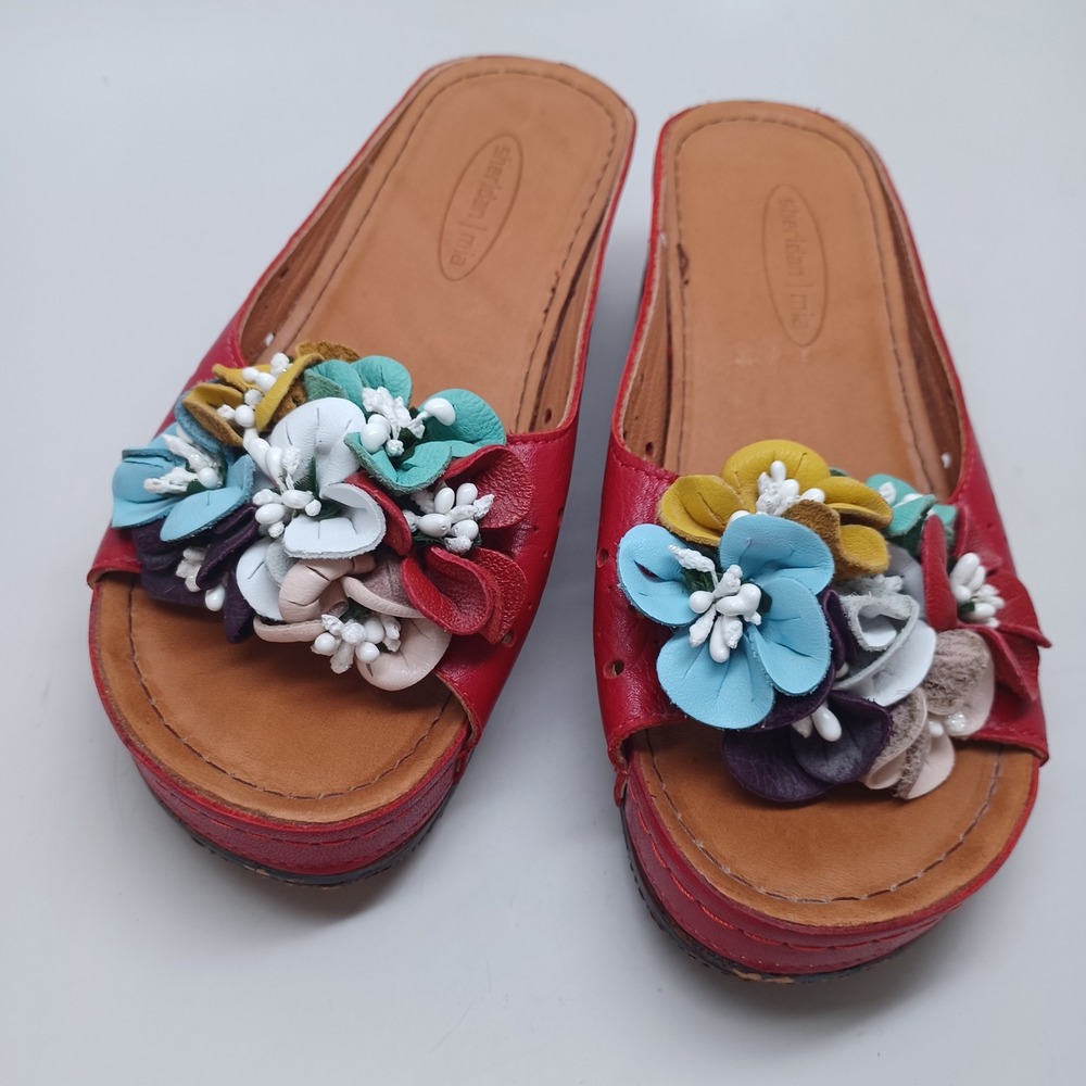 Sheridan Mia Red Leather Floral Wedge Sandals Womens Slides Multi Color Flowers - Picture 3 of 13